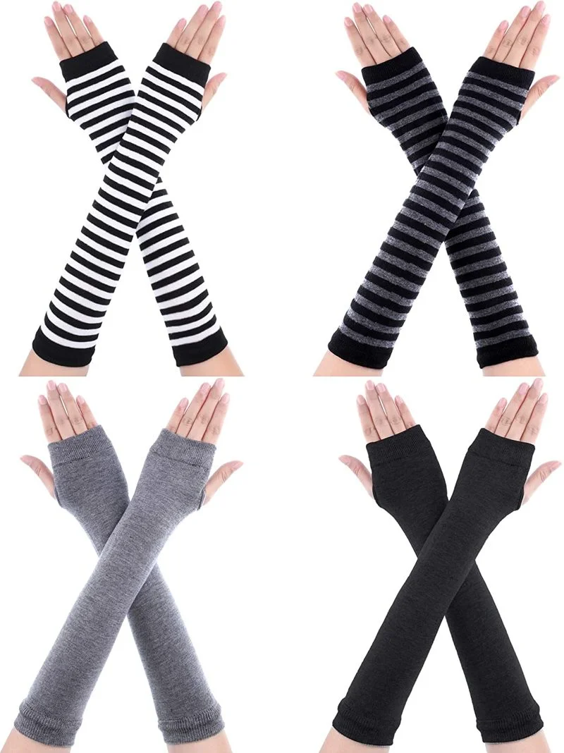 

2021 Autumn Winter Women Anime Black White Striped Elbow Gloves Warmer Knitted Long Fingerless Arm Gloves Mittens Christmas Gift