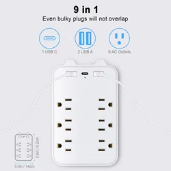 9in1Surge Protector 6Outlet Extender with 2 USB&1Type-C Ports Power Strip Multi Plug Outlets Wall Adapter Spaced for Home Travel