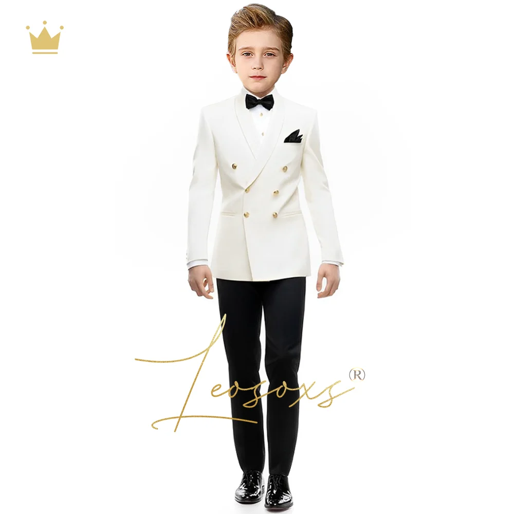 Boys Ivory White Suit 2-piece Set-Children's Double Breasted Jacket + Black Trousers Custom Wedding Party Holiday Outfit