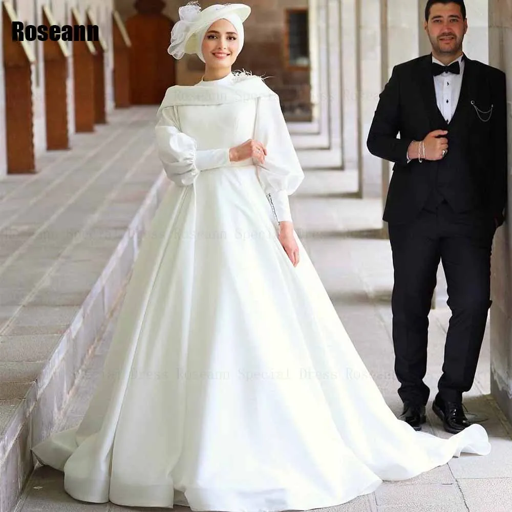 

Muslim 2024 New High Collar A-line Wedding Dresses Feather Full Satin Draped Pleat Floor Length Bride Dress robe de mariée