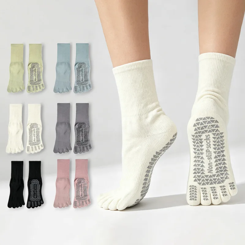 Mid-tube Women Yoga Socks Cotton Five Toe Non-slip Silicone Indoor Fitness Socks Floor Socks Dance Pilates Sports Socks