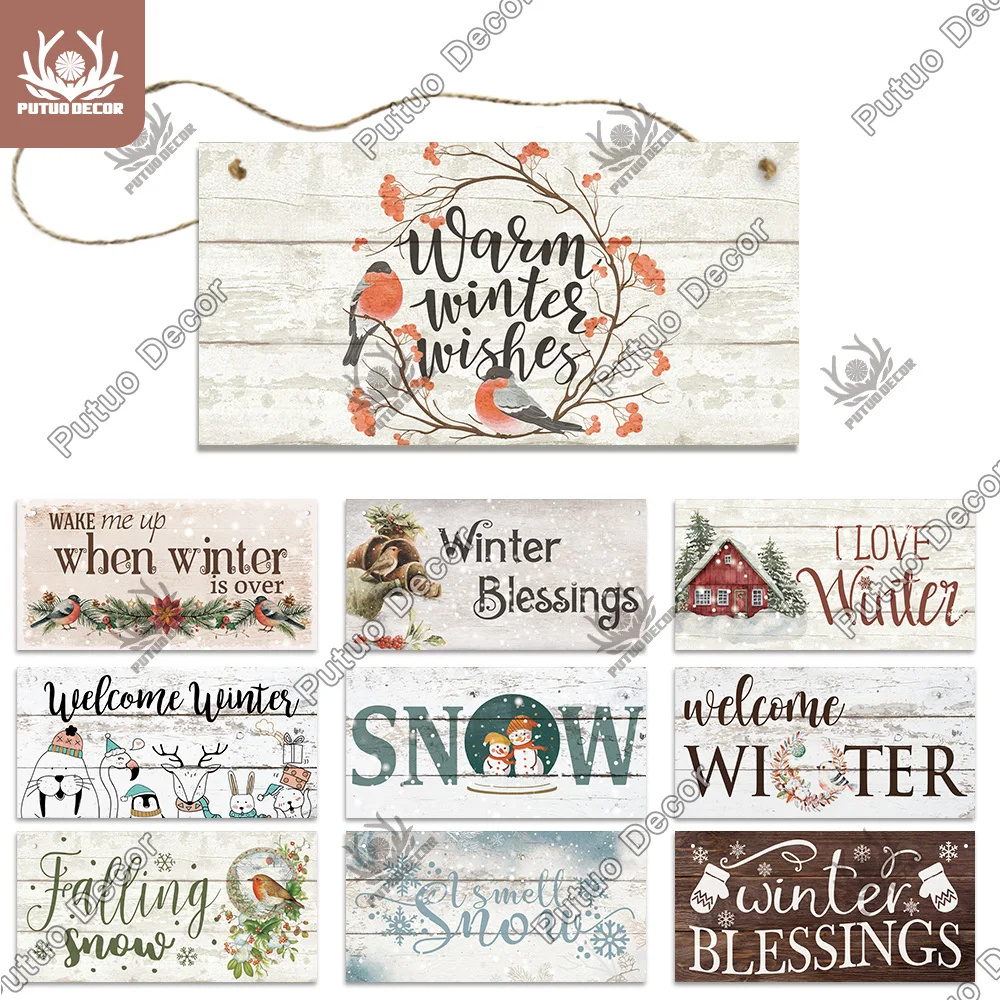 Putuo Decor Winter Wooden Sign Rustic Garden Hanging Plaque Gift Tag for Vintage Wood Plate Backyard Wall Art Home Decoration