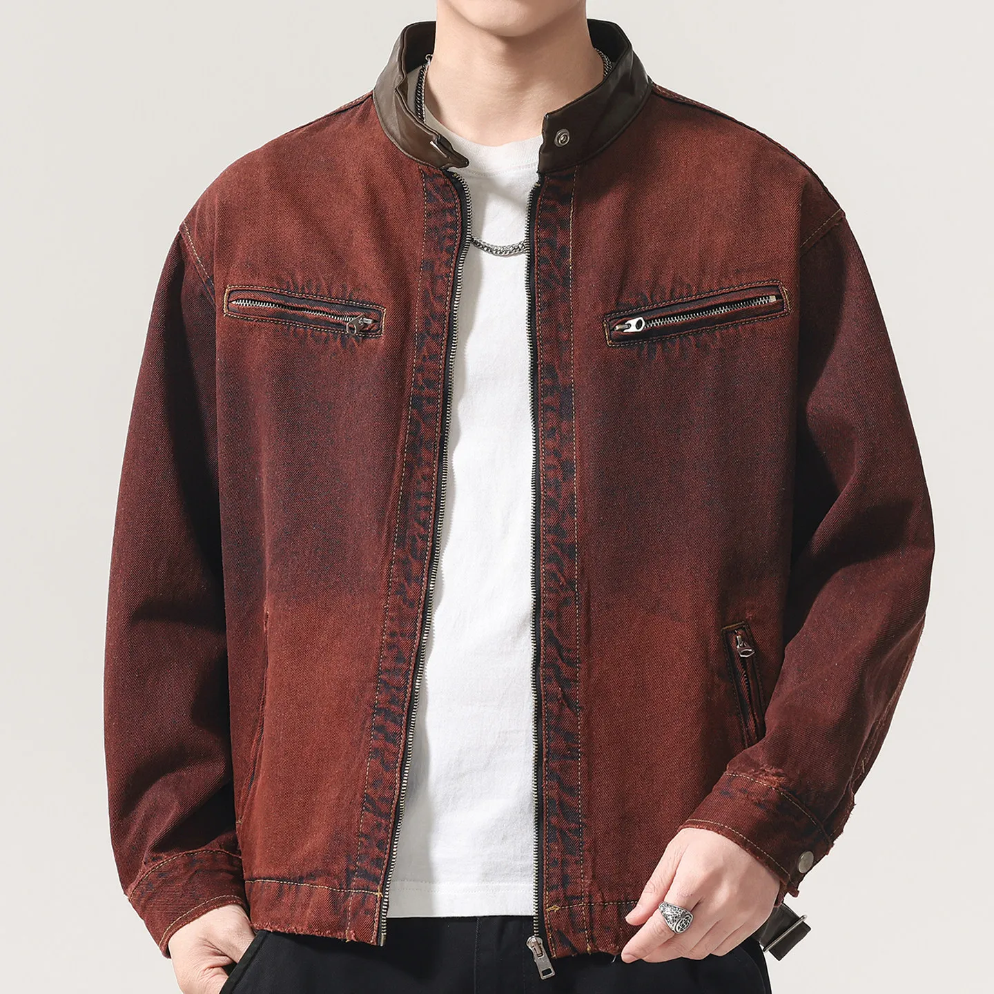 Stand Leather Collar Denim Jacket Men Fashion Vintage Loose Casual Washed Cotton Jeans Motorcycle Jacket Male Spring Autumn Coat