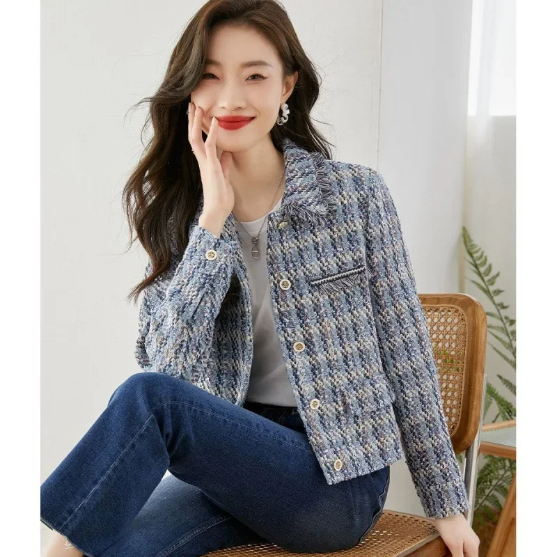 

Autumn Winter Fragrant Style Turn Neck Straight Tube Tweed Short Coat Women's Long Sleeve Jackets