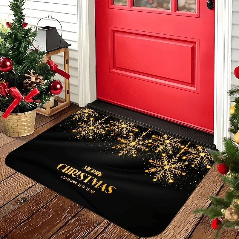 Red Golden Star Merry Christmas Doormat, Snowflake Glowing Star Printed Floor Mat, Front Door Xmas Decor