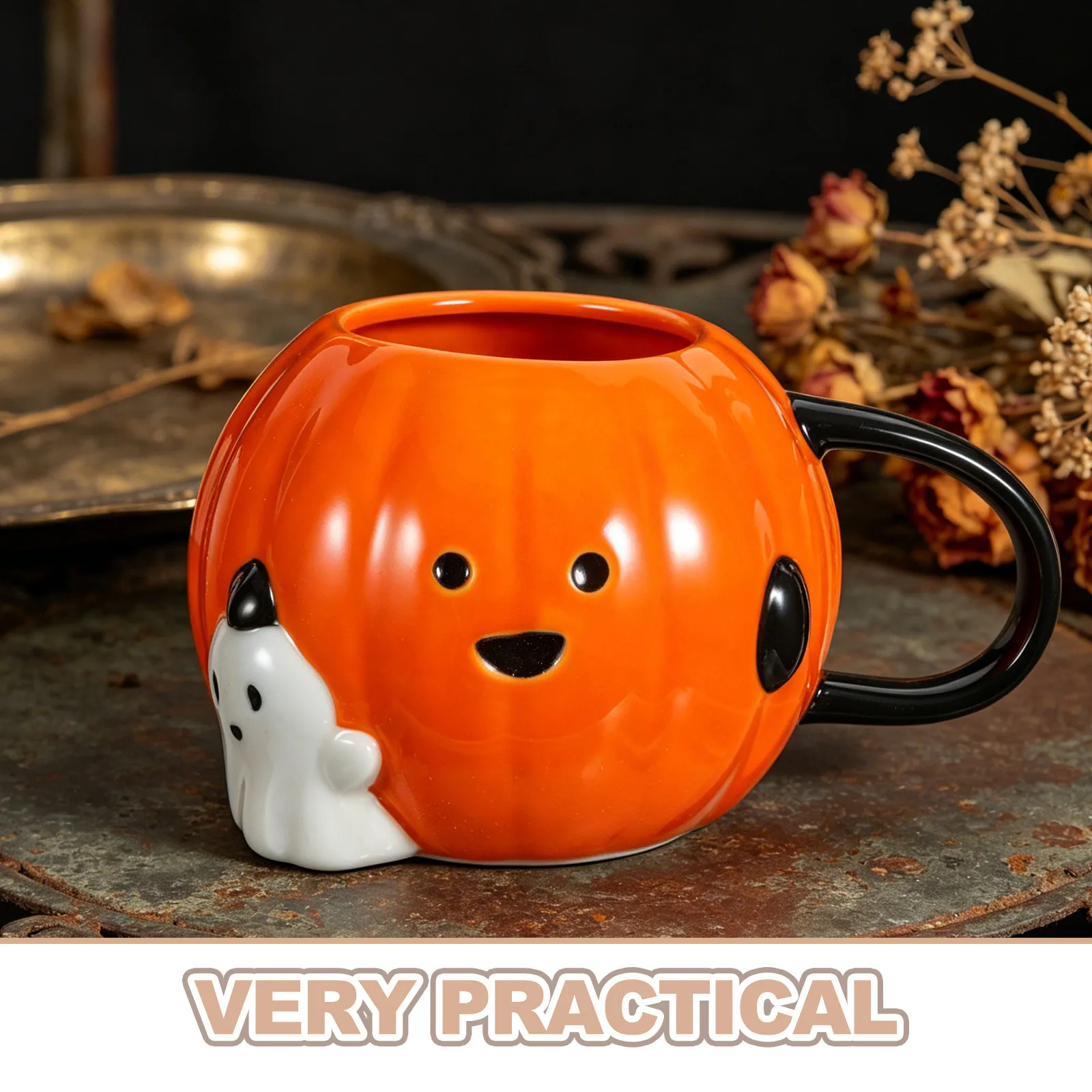 4 Halloween Pumpkin Cups Ceramic Heat Retaining Mugs with Spooky Ideal for Trick Or Treat Party Drink Service Decor