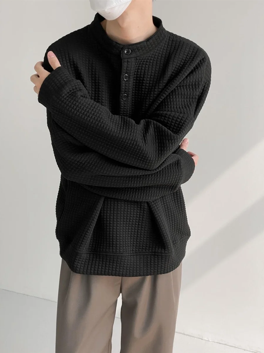 

Henry Collar Long Sve Sweatirt Men's Casual Simple Sle Autumn New Faion Loose Fit T-irt Korean Version Streetwear