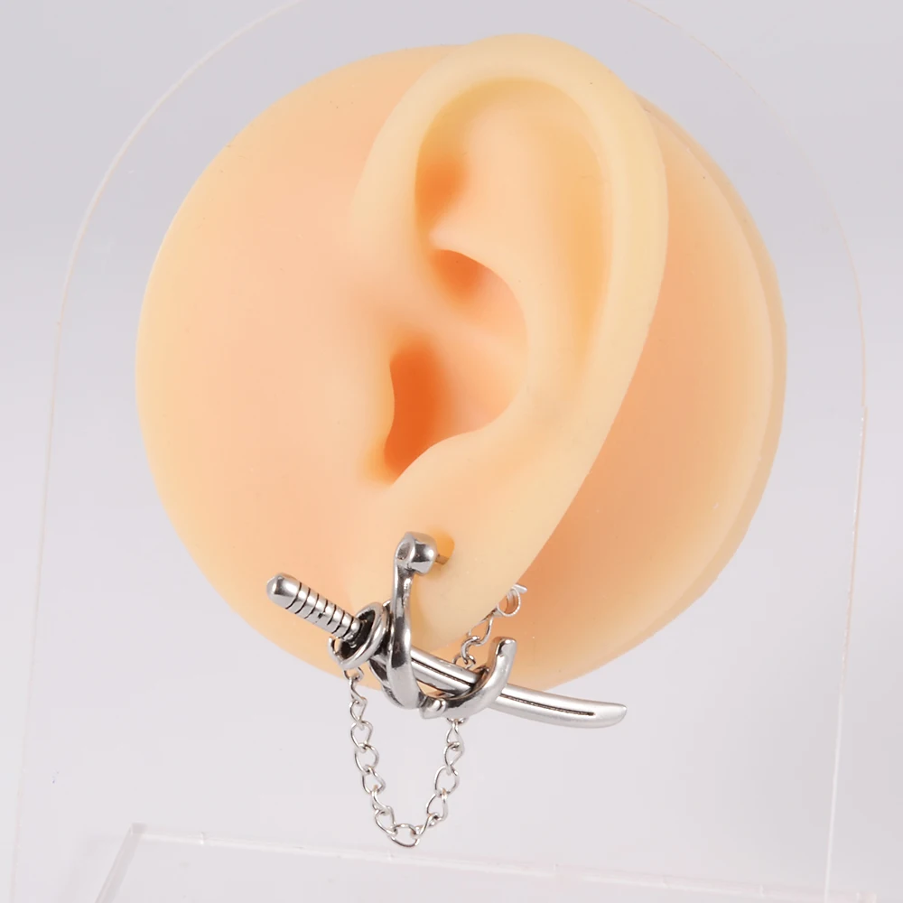 1pc Stainless Steel Sword Punk Earrings, Dangle Samurai Sword Earrings Long Chain Earrings For Men Lobe PIercing