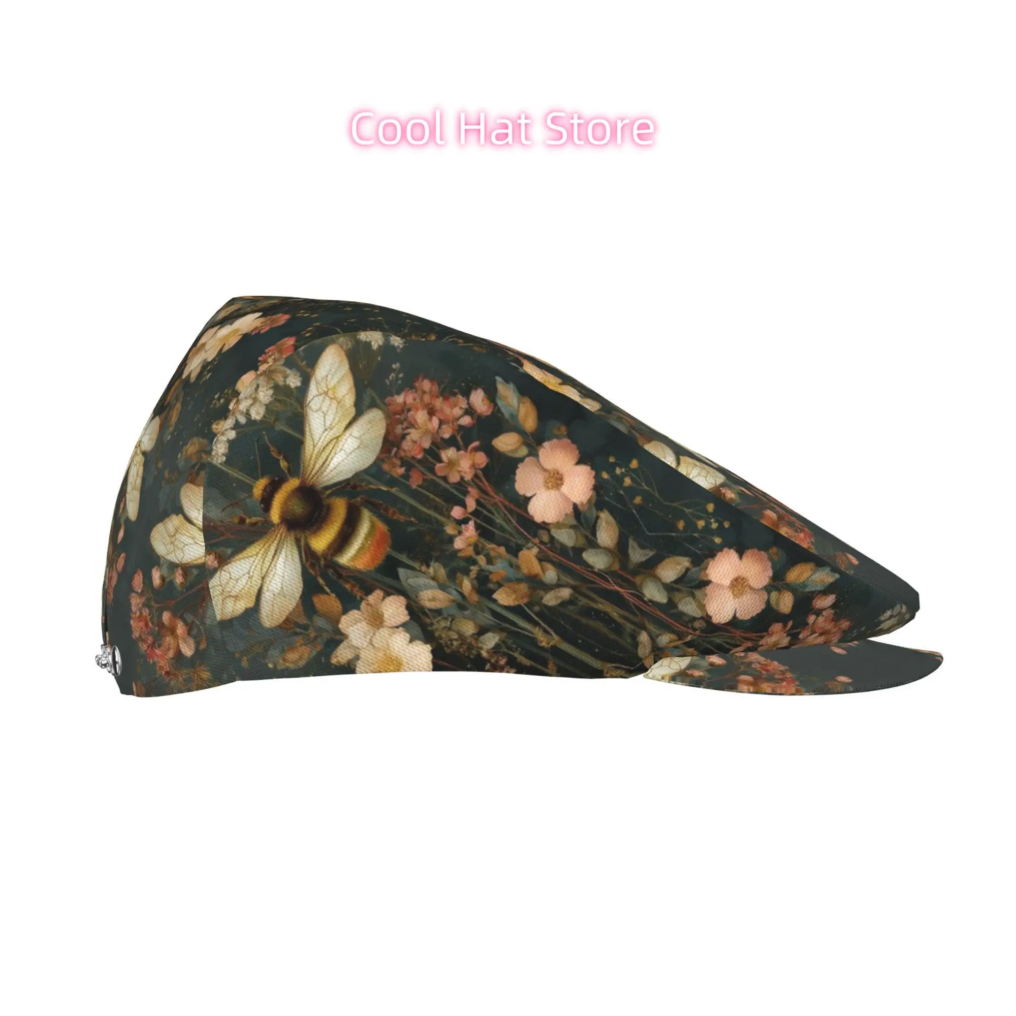 1pc Bee Among Flowers Men's & Women's Adjustable Beret Cap - Lightweight Polyester Snap-Fit Flat Top Hat, Vintage Cabbie/Gatsby