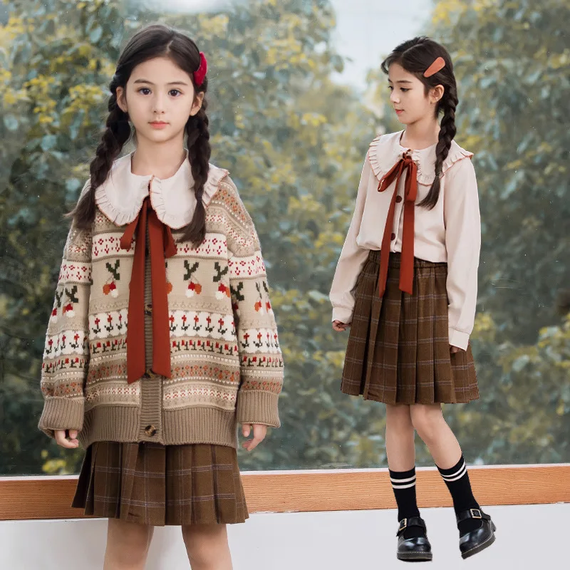 

Girls Set 2024 Spring Autumn New Cardigan Jacket Shirt Short Skirt Cute Gentle Sweet Three Piece Set