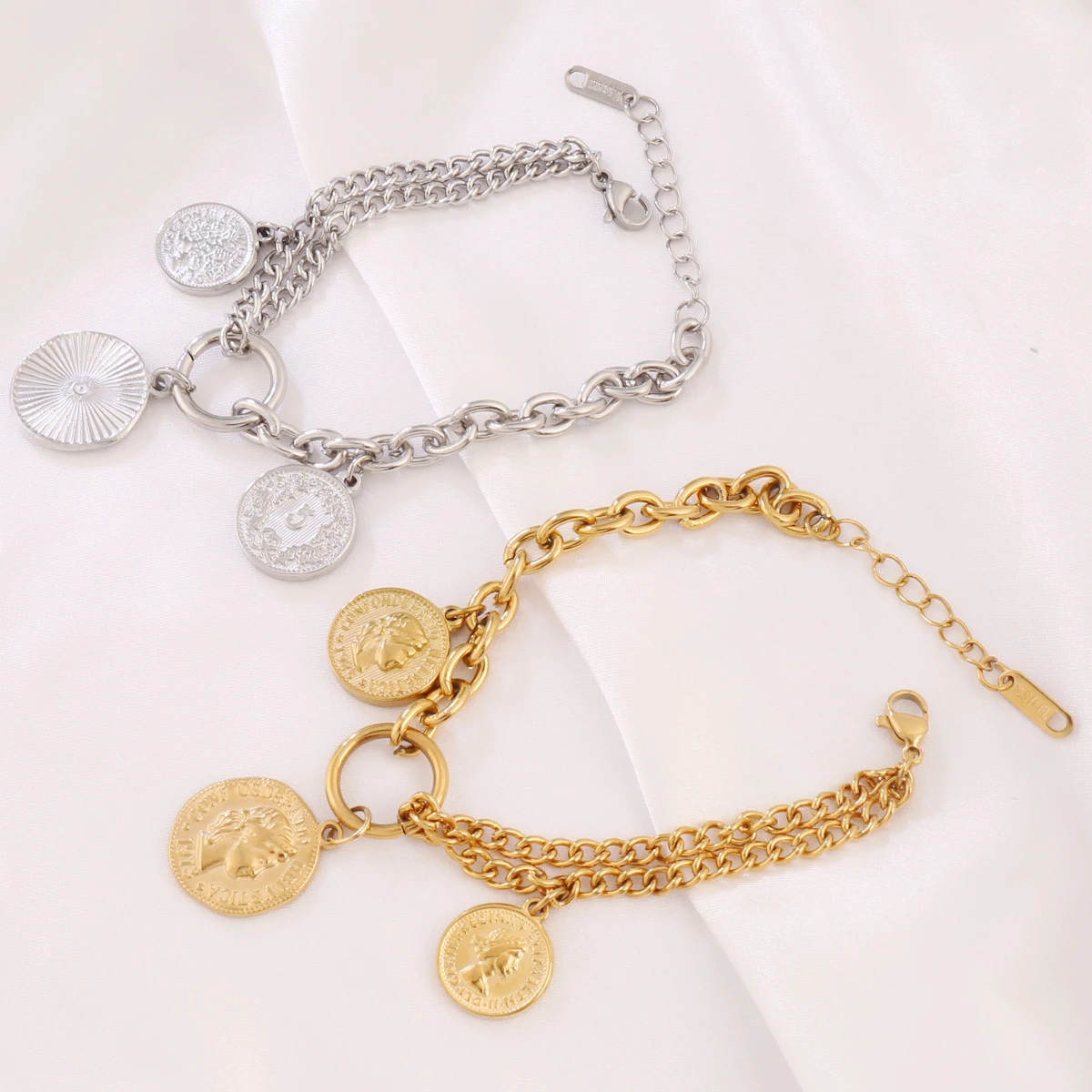 316L Stainless Steel Coin Pendant Bracelet For Women Fashion Gold Color Round Charms Chain Bracelets Jewelry