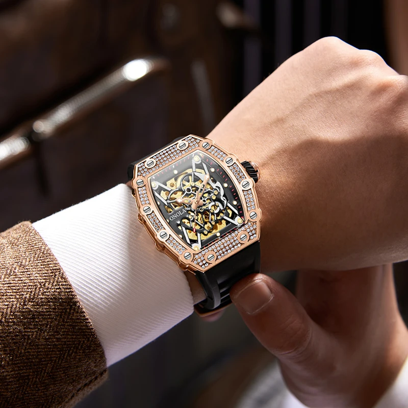 Reloj ONOLA para hombres y mujeres, reloj de pulsera de negocios a la moda, relojes mecánicos impermeables de lujo informales huecos cuadrados automáticos