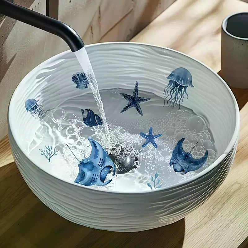 /PFU/Tone Marine Life Glass Sticker Bathroom Sink Decorative Decal Wall Sticker Self-Adhesive Removable Home Decoration Blue