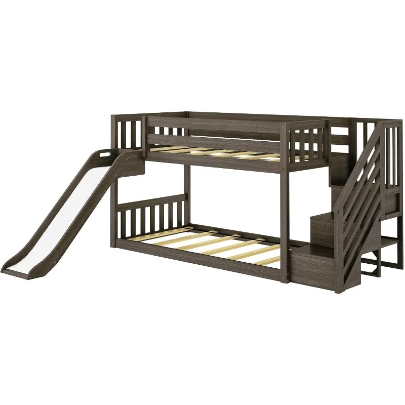 Solid Wood Twin over Twin Size Low Bunk Beds for Kids with Slide and Stairs, 400 lbs Weight Capacity, 14