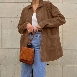 Suede Jacket Women Streewear Spring Autumn Oversized Brown Jacket Shirt Cardigan Midi Coat Outerwear Vintage Women‘s Clothes