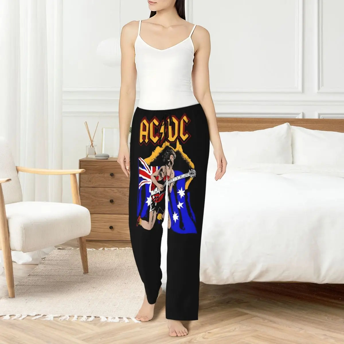 

Custom Metal Rock Band AC DC Pajama Pants Womens Lounge Sleep Stretch Sleepwear Bottoms with Pockets