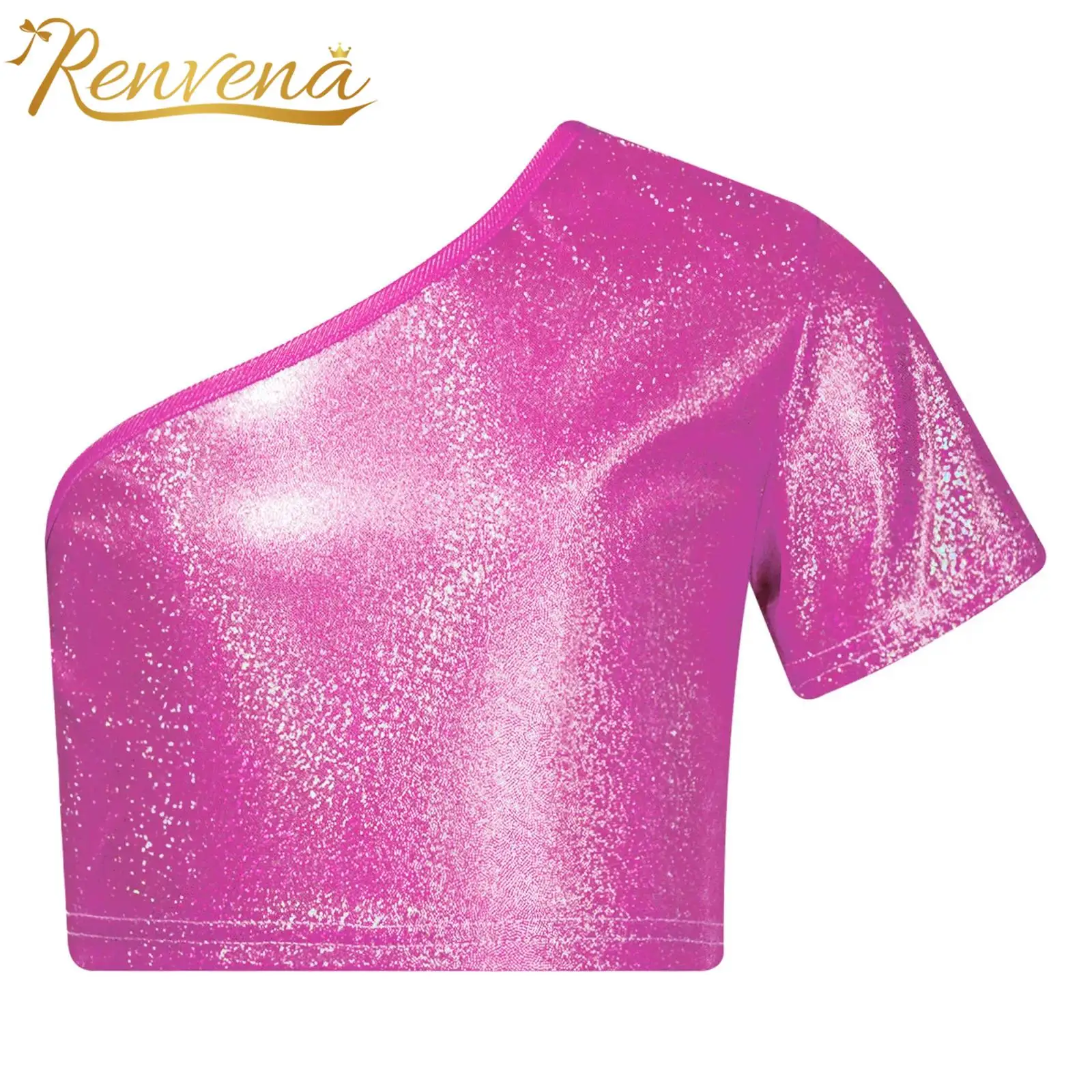 T-shirts Kids Girls Jazz Dance Tops Fashion Children's Clothes One Shoulder Metallic Crop Top Short Sleeve T-shirt Dancewear