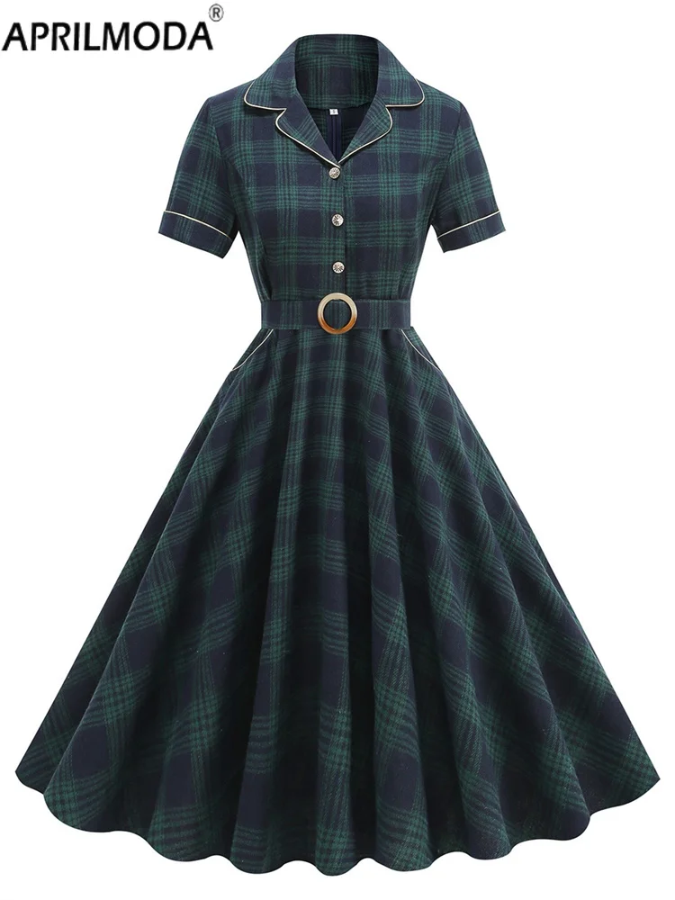 England Style Vintage 50s Christmas Holiday Party Dress Plaid Print Slim Fit Pinup Swing Flare Tea Runway Casual Dress with Belt