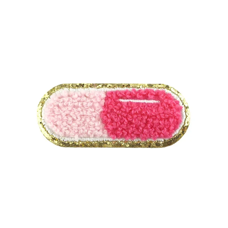 Pink Pill Gold Edge Cloth Towel Embroidered Patches Gritt Iron on Badge Chapter Chenille Gold Glitter DIY Bag Clothing Stickers