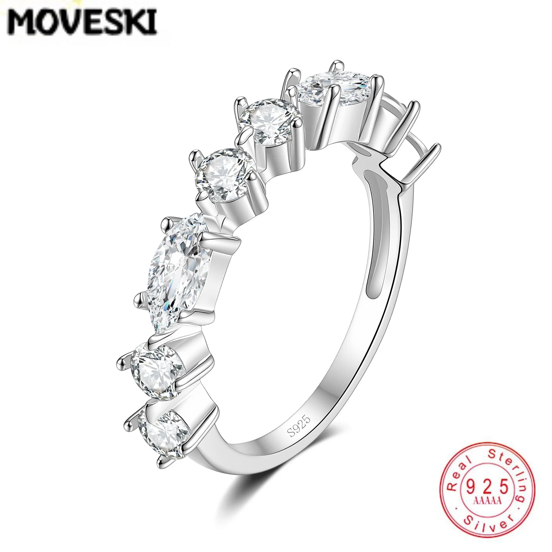 MOVESKI Moissanite Half Eternity Ring 925 Sterling Silver Stackable Wedding Band Luxury Women Engagement Fine Jewelry Gift