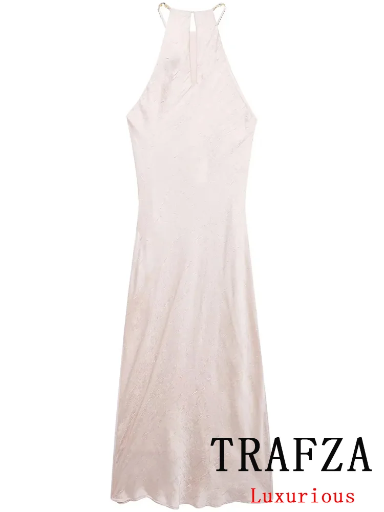 TRAFZA Vintage Casual Chic Solid Women Dress Halter Satin Party Long Dress Fashion 2024 Autumn Chic Elegant Evening Club Dress