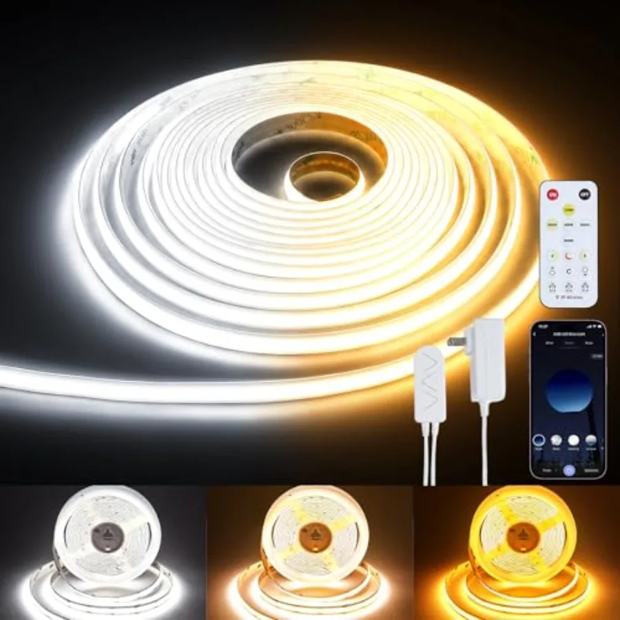 COB LED Strip Light, Dimmable 2300K-6500K White CCT Tunable, DC 24V Cuttable LED Tape Light, High Density 6080 LED 48W CRI 90,