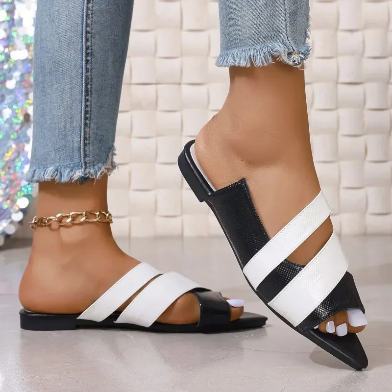 

Women's Shoes on Sale 2024 Brand Summer Mature Women's Slippers Pointed Toe Mixed Colors Open Toe Square Heels Novelty Slippers