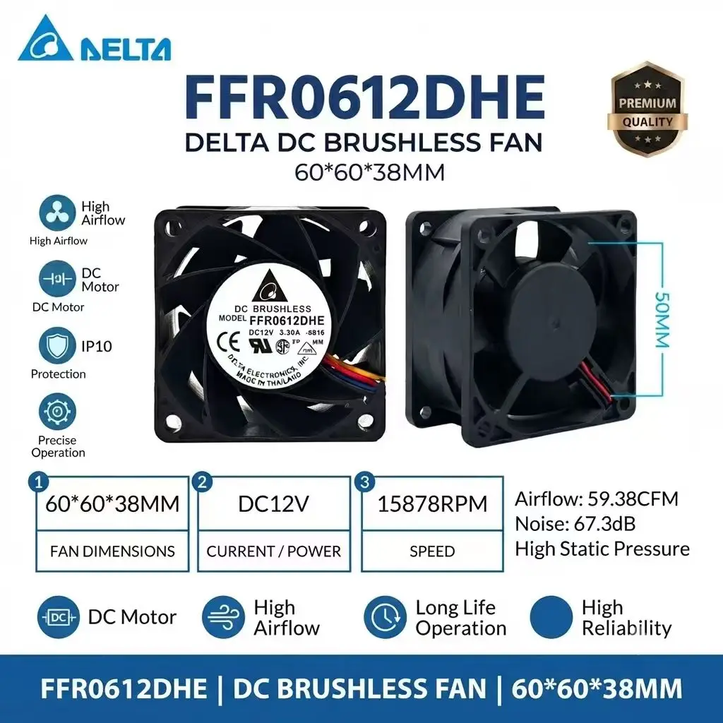 For DELTA FFR0612DHE DC Brushless Fan 60x60x38mm DC12V 3.30A 15878RPM High Airflow High Static Pressure Cooling Fan