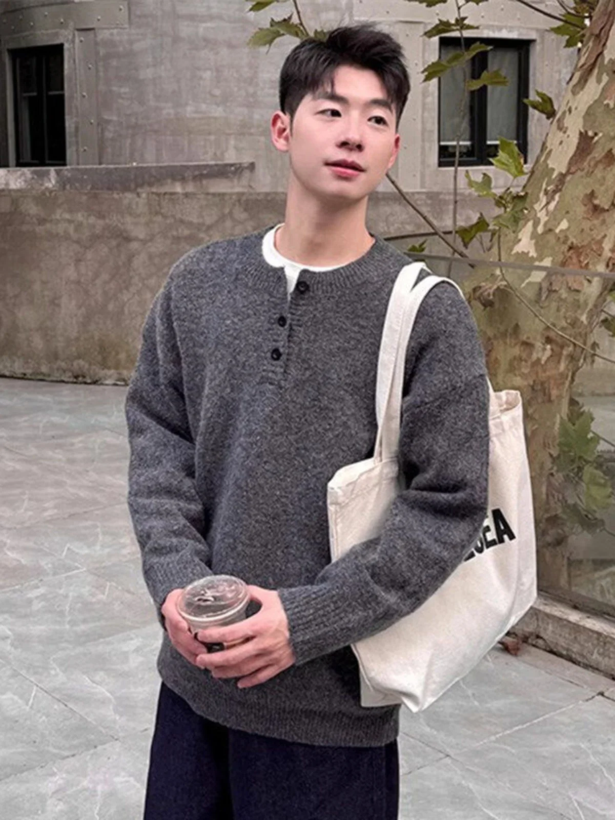 

Мужской свитер свободного кроя на пуговицах с воротником хенли, повседневный, утепленный, с длинным рукавом, однотонный, зимний, новинка