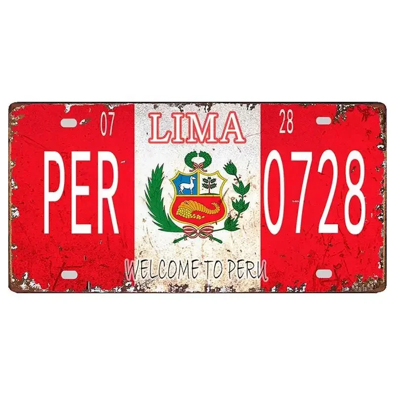 Peru Lima Cusco Car License Pate Retro Rusted  Art Front Vanity Tag Wall Poster Decor for Bar Garage Home Decoration Plaques