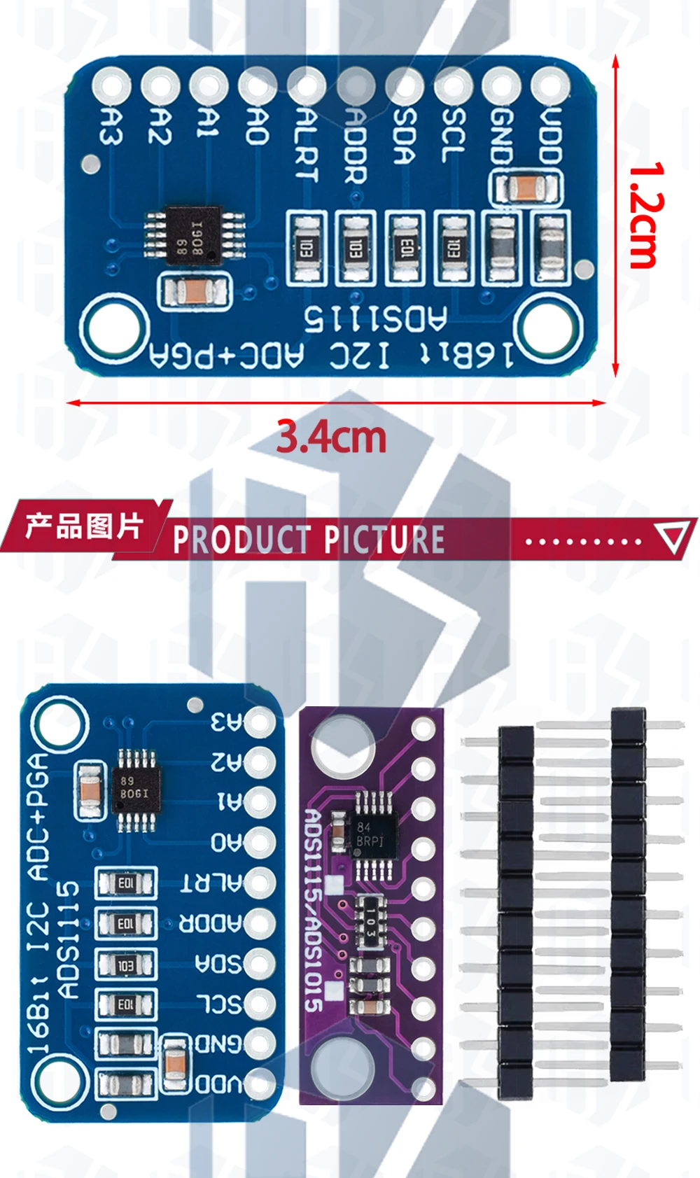 1PCS~10PCS EGBO 12 Bit/16 Bit I2C ADS1115 ADS1015 Modul ADC 4-Kanal mit Pro-Gain-Verstärker für Arduino RPi Lila Blau – Detail 6