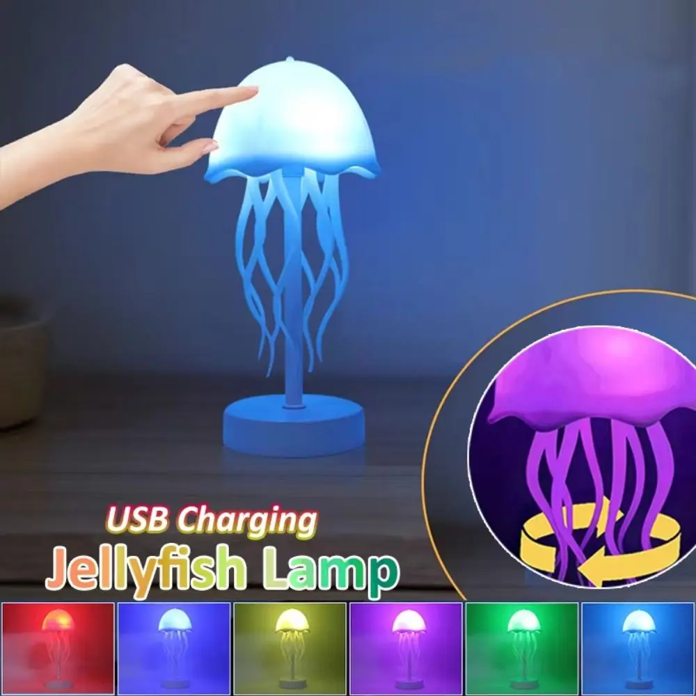 Warm/RGB Light 3D Floating Jellyfish Lamp Adjustable Tapping Change Colors Cartoon Jellyfish Table Lamp Realistic Non-slip Base