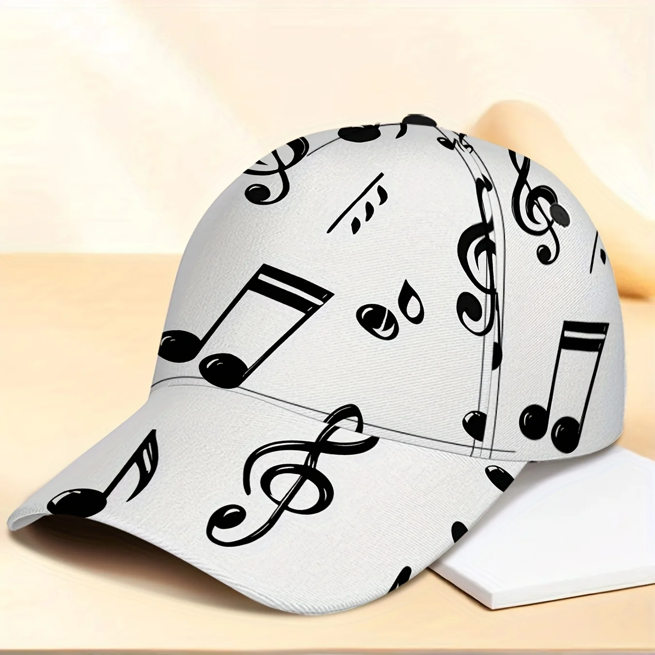 Men'S Black White Music Note Baseball Cap with Adjustable Snapback Closure Lightweight Polyester All-Over Treble Clef Print