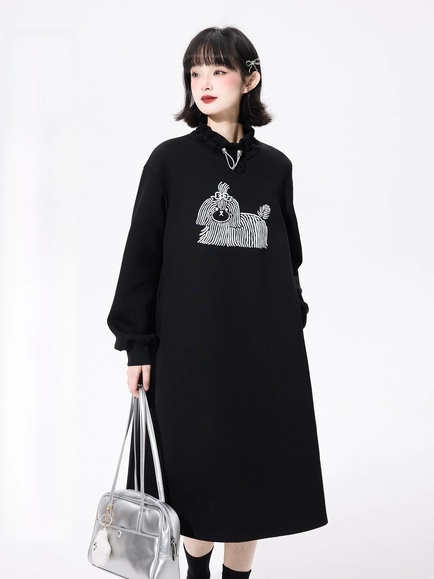 

Original Bla Dog Print Long Dr Sweatirt Skirt Women's Winter Stand Collar Long Dr Comfortable Cotton High Waist Ela...