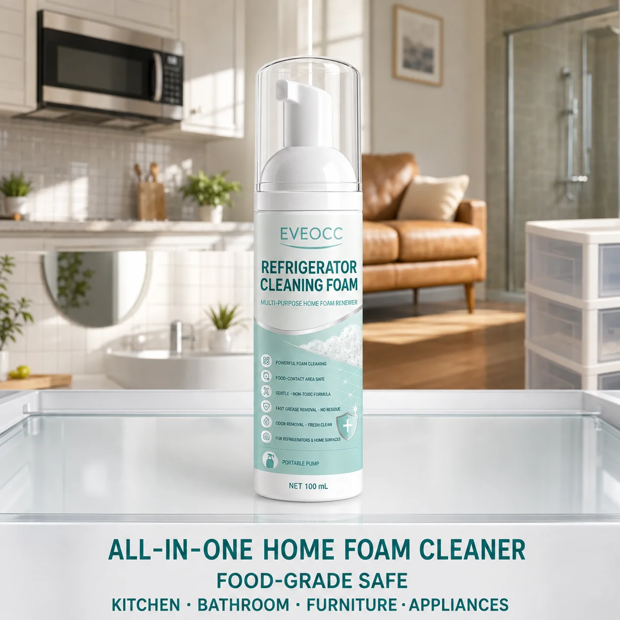 Multi‑Purpose Refrigerator Cleaning Foam, Portable Pump Foam Cleaner, Grease Odor Remover for Kitchen Home Surfaces