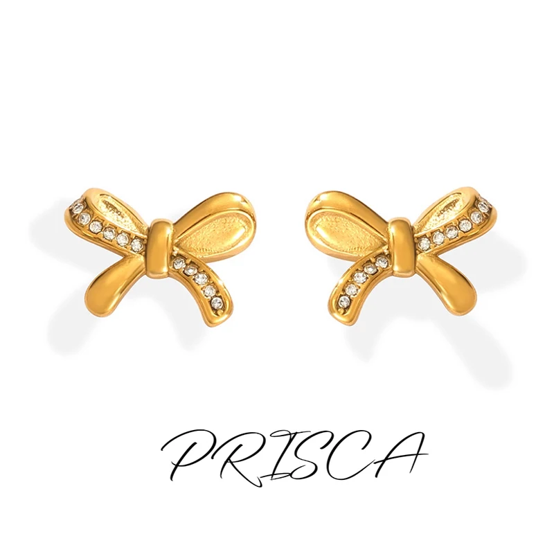 

PRISCA | Stainless Steel Bow Earrings for Women and Girl Diamond Gold Plated Stud Sweet and Romantic New Fashion