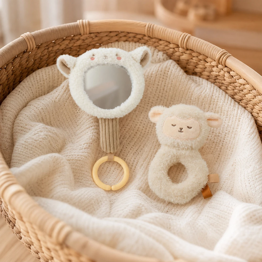 Baby Sensory Toy Cute Little Sheep Cognitive Mirror Rattle Plush Comfort Gripper Toy Early Learning Gift for Newborns