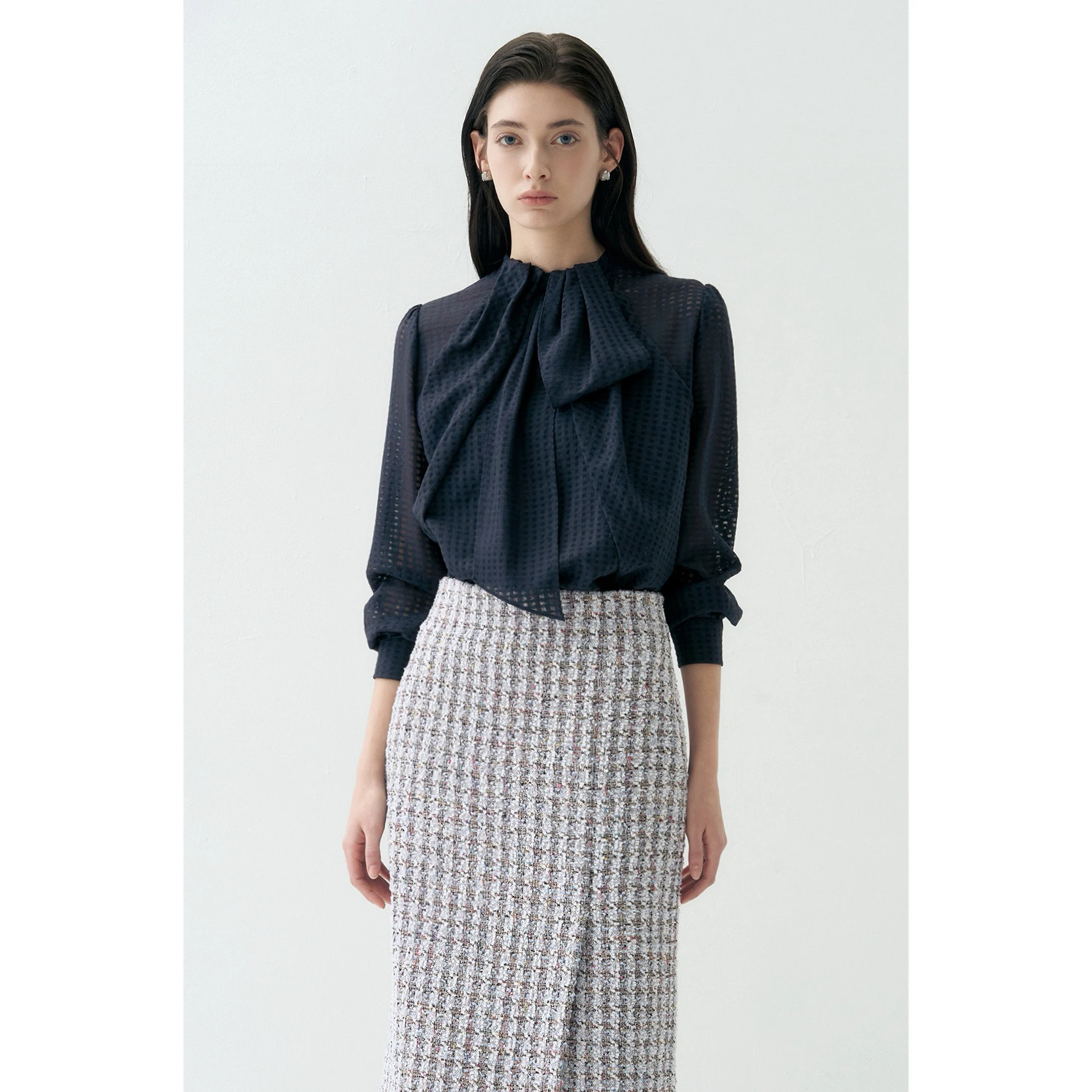 Elegant Long Sleeve Shirt Commute Fashionable Sash Women's Straight Cut Polyester Spring 2026 Pure Color Business Casual