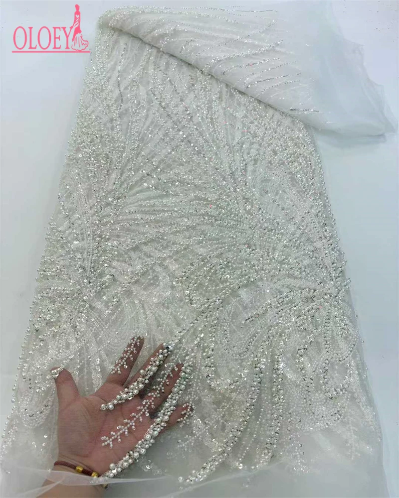 Kain Brokat Afrika OLOEY, Kain Brokat Berhias Manik-Manik Buatan Tangan, Payet Prancis, Bordir Nigeria, Kain Brokat Jala untuk Menjahit