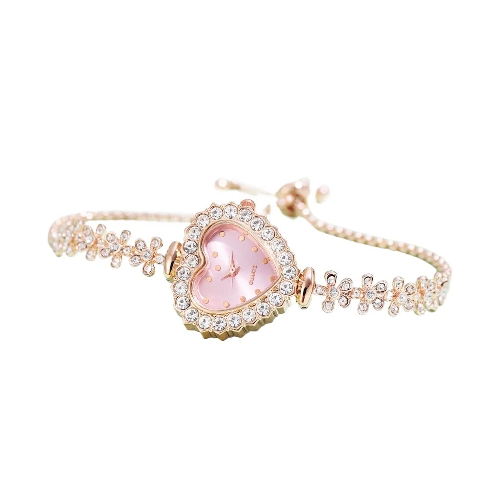 

Женские часы-браслет с маленьким циферблатом и бриллиантами и лепестками персикового цвета, кварцевые женские часы