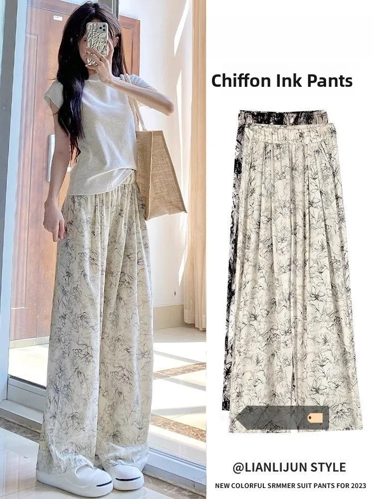 

Женские зимние брюки из шелковистой ткани с эффектом водной росписи, широкие, с высокой талией, стройнящие, струящиеся, из окрашенного шифона, повседневные, свободного кроя, с защитой от комаров