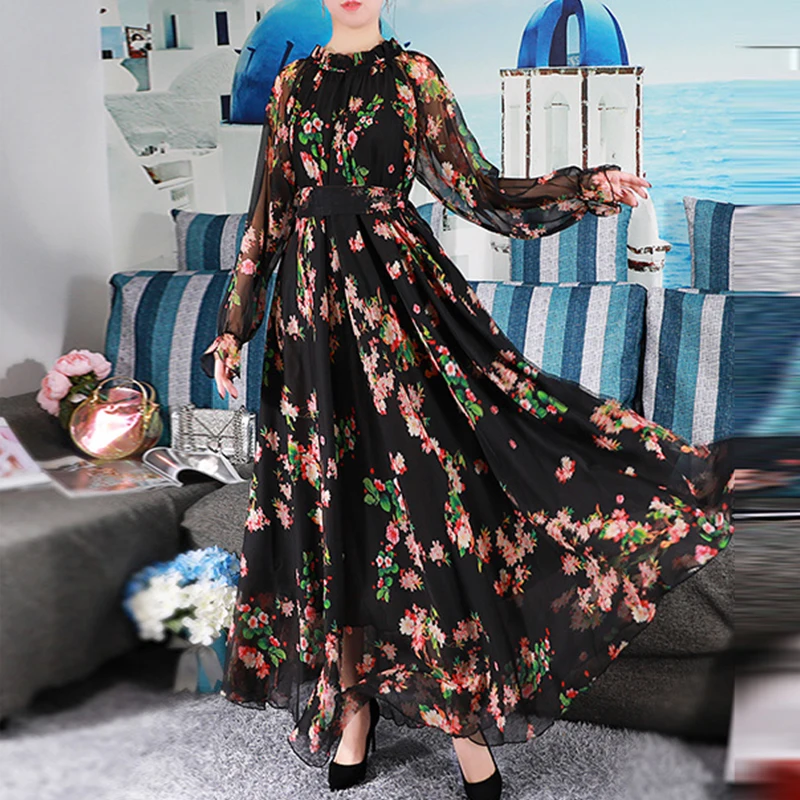 2024 New Floral Print Party Long Dress Women Vestidos Elegant Pleated Chiffon Kaftan Muslim Abaya Islamic Clothing Arab Robes