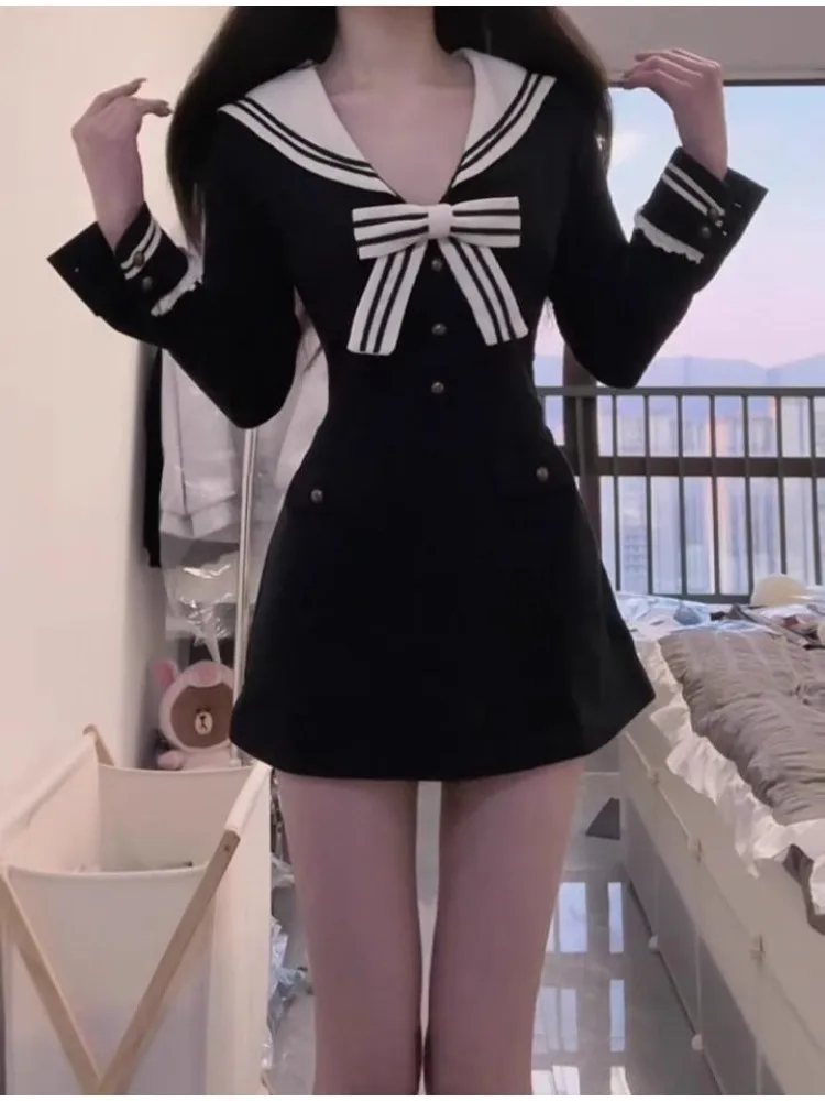 2025 Spring Sweet Lapel Tie Dress Women Korean Fashion Thin Fake Two A-line Dresses Preppy Style Ruched Casual Clothing Party