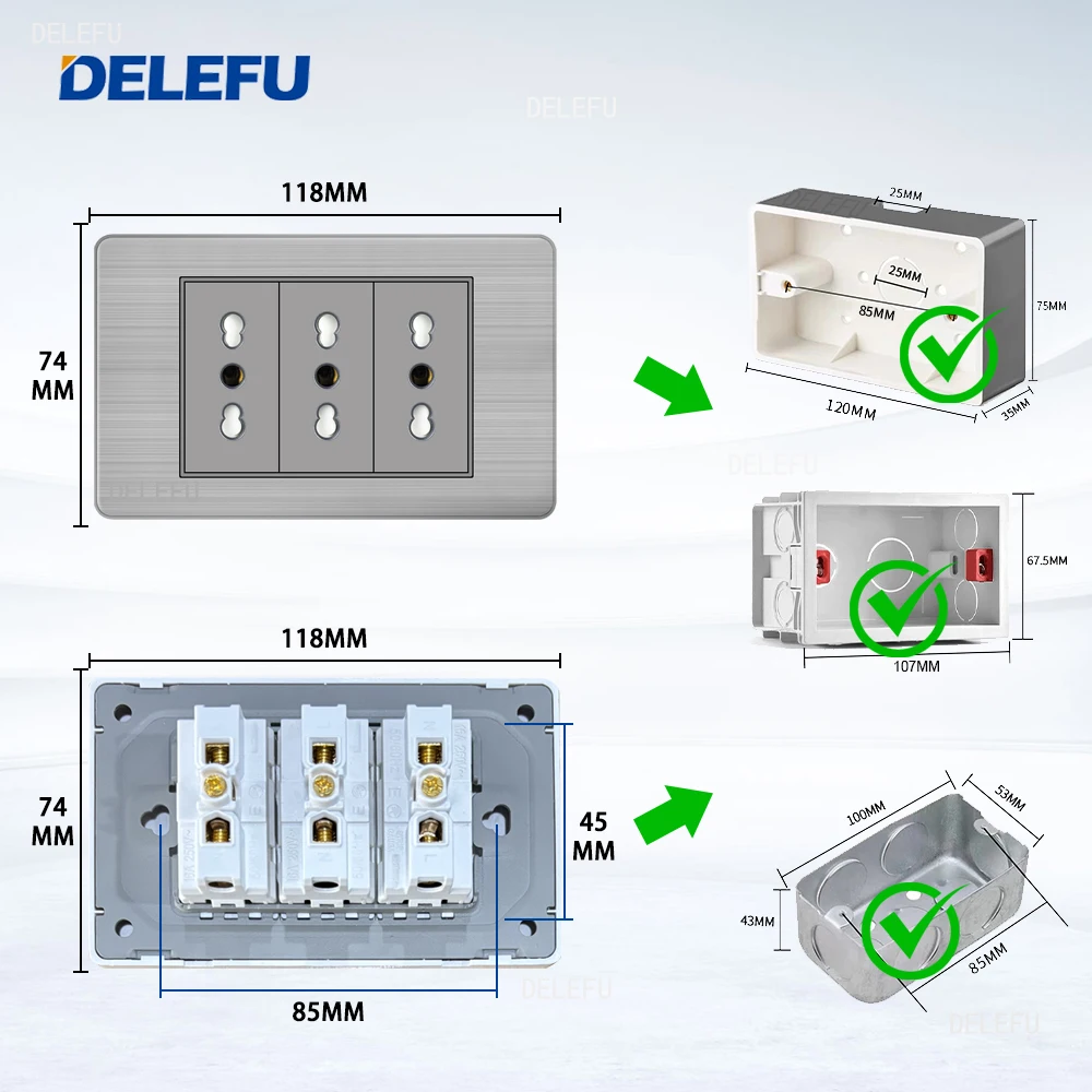 DELEFU Black Stainless steel  Italy Standard Home Office EU Outlet USb Type C Chile Korea Wall Socket Light Pressure Switch 118