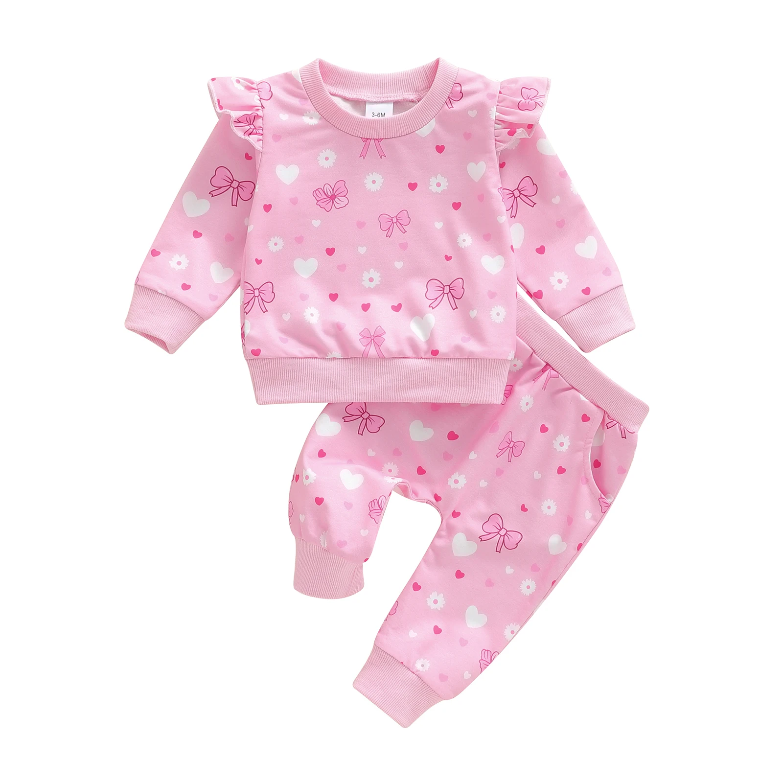 

Toddler Baby Girls Clothing Set Fashionable Bow Printed Long Sleeve Pullover with Pants 2 Pcs Fall Outfit