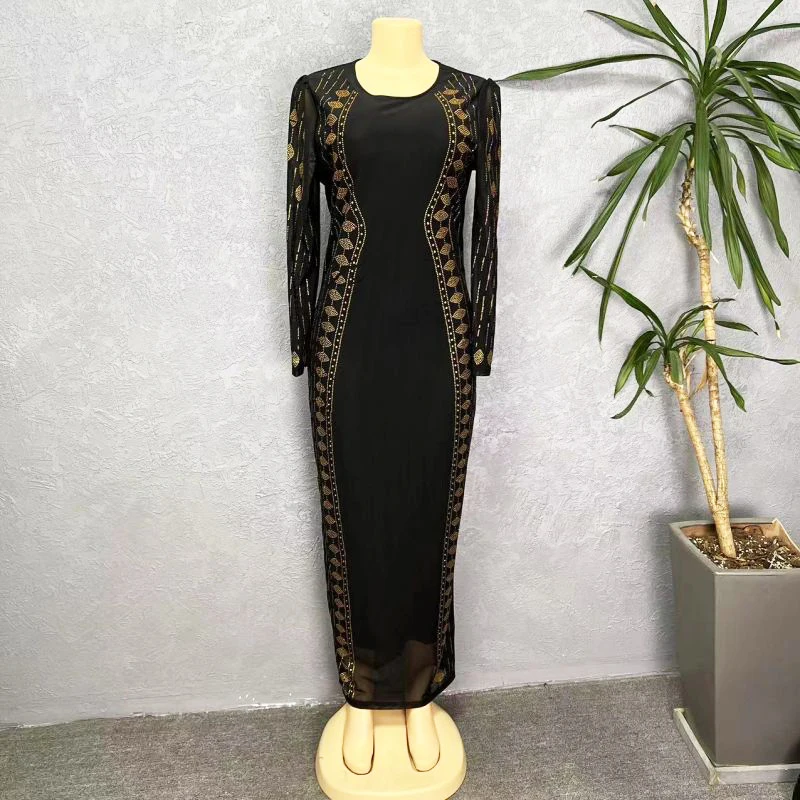 Women Sexy Night Club O-Neck Black Maxi Dress Stretchy Skinny Long Sleeve Midnight Party Outfit Lady Slim Fit Fashion Drill Robe