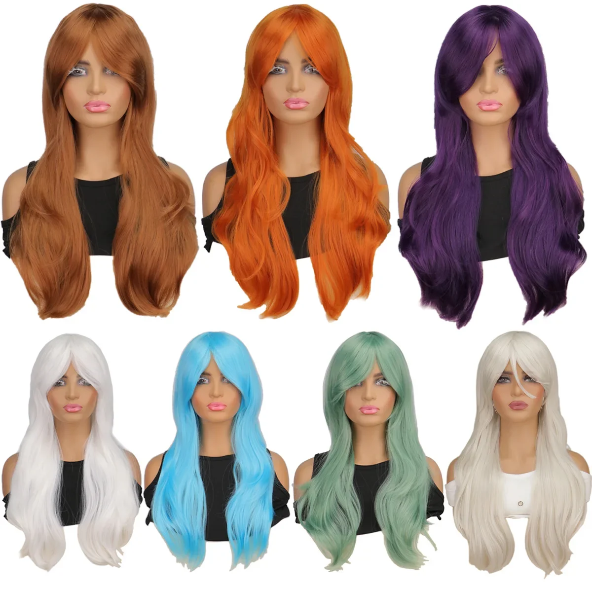 QQXCAIW Women Long Wavy Cosplay Wigs Red Rose Pink Black Blue Sliver Gray Brown Temperature Synthetic Hair Wigs Party