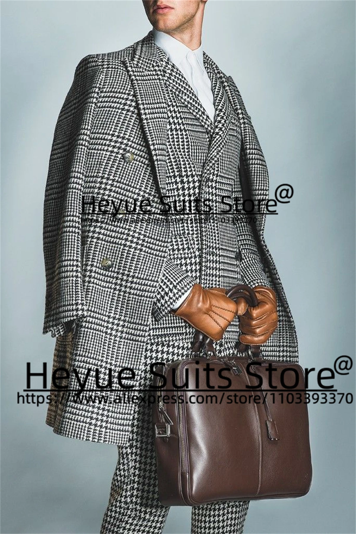 Classic Houndstooth Long Style Men Suits Slim Fit Double-breasted Groom Tuxedos 3 Pieces Sets Business Male Blazer Costume Homme