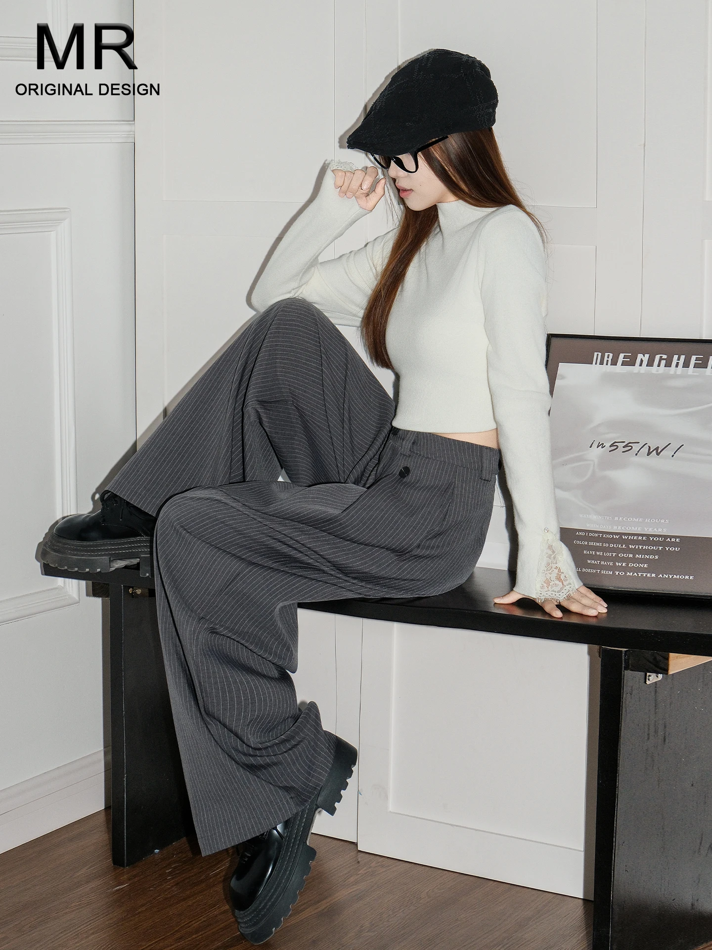 

Серые широкие брюки-костюмные для женщин, весенний дизайн, свободные, драпирующиеся, повседневные, с высокой талией, прямые, в полоску