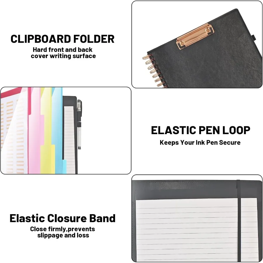 Leather Spiral Padfolio Padfolio for Men with clipboard with a Mirror 5 Folders with 10 Pots Portfolio Binder Clipboard with St